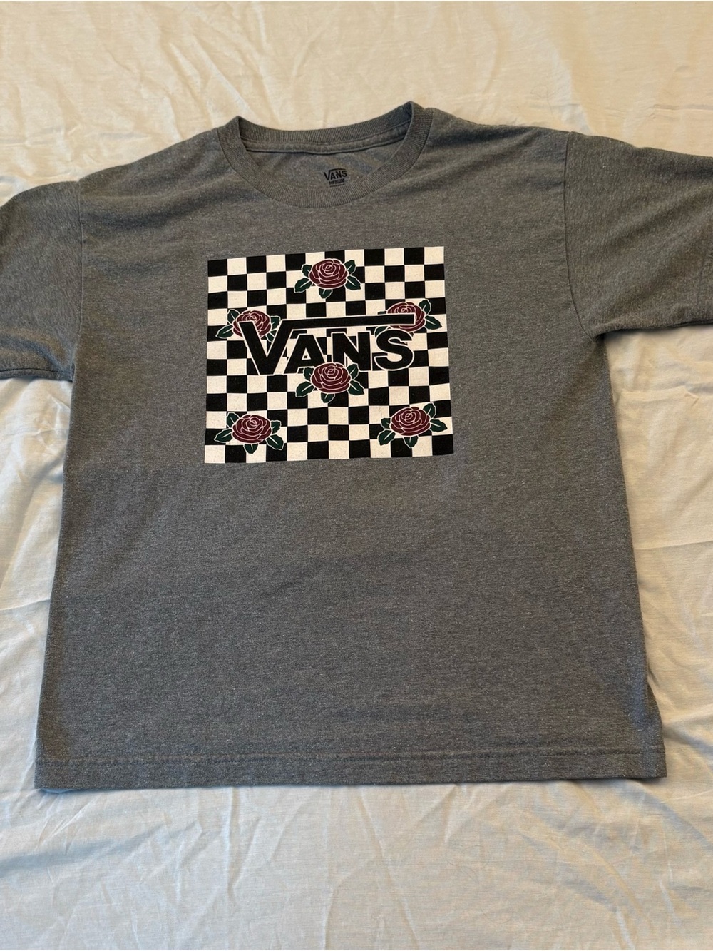 Vans Men's Medium Gray Checkerboard Burgundy Rose Graphic Skate Tee